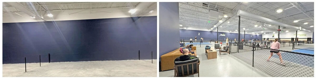 A collage of the pickleball court before construction and the court in play after construction.